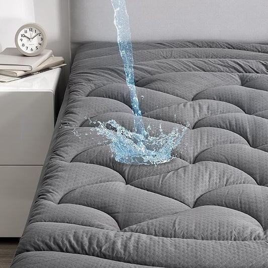 SLEEP ZONE Grey Twin Waterproof Mattress Pad, Premium Soft Embossed Mattress Topper, Quilted Fitted Mattress Protector Cover with Elastic Deep Pocket (Grey, Twin)