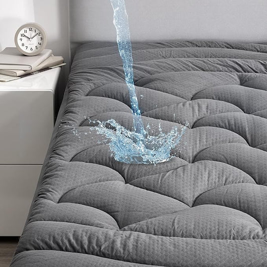 SLEEP ZONE Grey Waterproof Mattress Pad Twin XL College Dorm Bedding, Premium Soft Embossed Mattress Topper, Quilted Fitted Mattress Protector Cover with Elastic Deep Pocket (Grey, Twin XL)