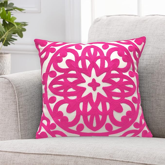 Alysheer Embroidered Decorative Throw Pillow Cover 20"x 20", Boho Mandala Modern Thick Embroidery Pattern, Durable Cotton Canvas Soft Cushion Case for Sofa Couch Bed Living Room (Bright Hot Pink)