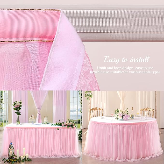 Suppromo 14ft Pink Table Skirt Tulle Tutu Tablecloth for Rectangle or Round Table For Birthday Party Baby Shower Wedding Decorations (L14(ft) H 30in, Pink)