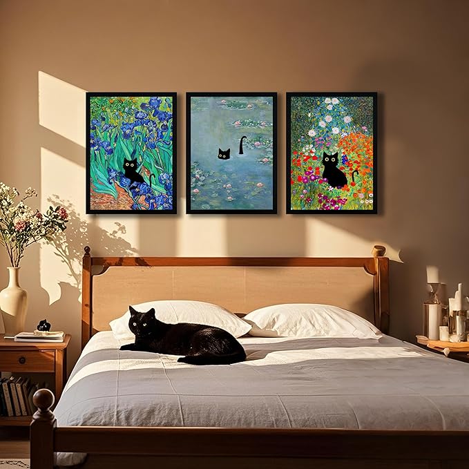 Krtoni 3Pcs Framed Black Cat Wall Art, Vintage Funny Black Cat in Water Lilies Poster Prints Paintings, Garden Flowers Cat Aesthetic Wall Decor, for Bathroom Living Room Bedroom 16" W x 24" H