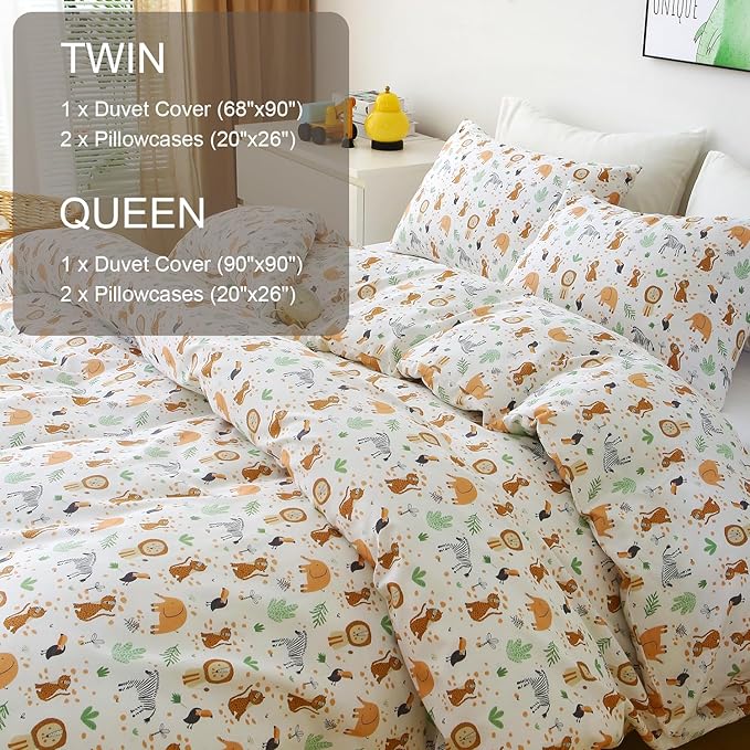 Ivellow Queen Duvet Cover Set Zoo Animal White 100% Cotton Duvet Cover for Kids Cute Bedding Set 3Pcs Ultra Soft Breathable Kids Duvet Cover Patterned Cartoon Comforter Cover Boys Girls Toddler Teen