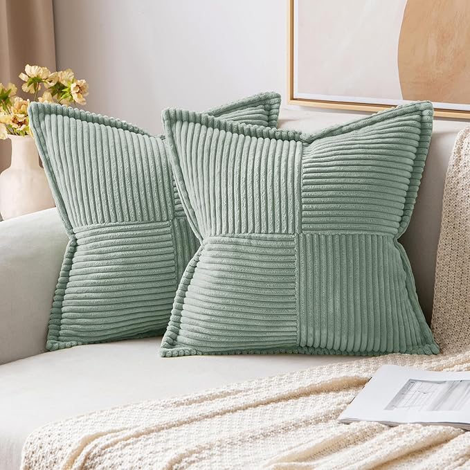 MIULEE Greyish Green Corduroy Decorative Euro Sham Pillow Covers 24x24 Inch with Splicing Set of 2 Soft Boho Pillow Covers Broadside Textured Summer Pillowcases for Couch Bed Livingroom