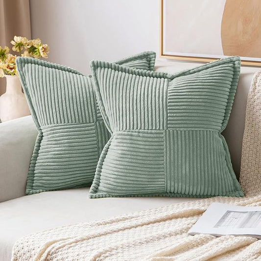 MIULEE Decorative Throw Pillow Covers for Couch Bed Livingroom 16x16 Inch Set of 2 Greyish Green Boho Accent Throw Pllows Broadside Striped Patchwork Soft Corduroy Summer Pillowcases