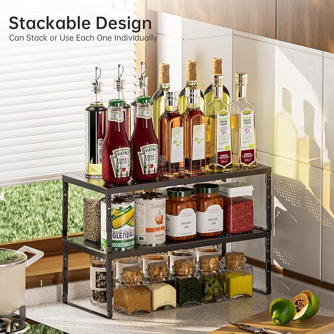 Cabinet Shelf,Expandable Adjustable Stackable Kitchen Organizer,for cabinets, Kitchens, countertops, bathrooms Shelf Organizer(1Pack/Black,Medium)