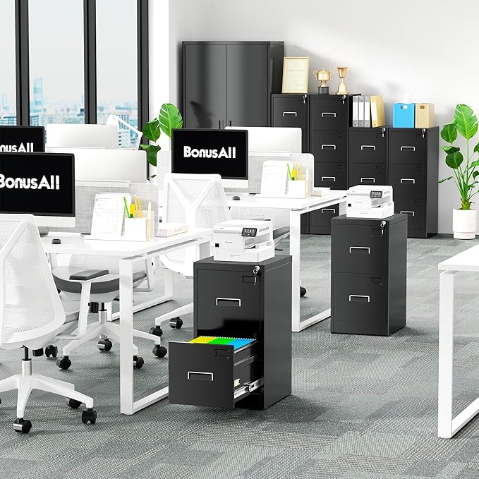 Bonusal Vertical l File Cabinet 2 Drawer, Metal Lateral Filing Cabinet with Lock, Locking Horizontal Drawers File Cabinets for Legal/Letter / A4 / F4 Size for Home Office, Steel, Heavy Duty, Black