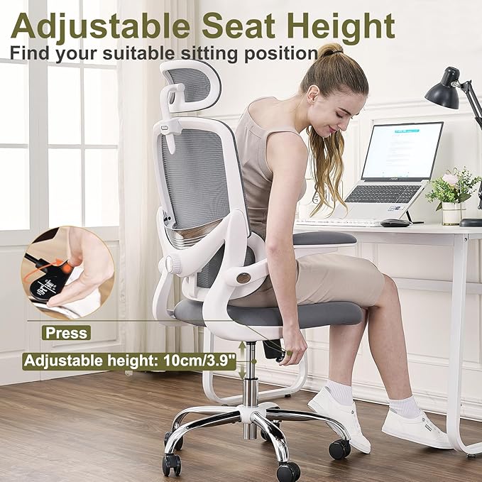 Ergonomic Home Office Chair, High Back Mesh Desk Chair with Adjustable Lumbar Support, Flip-up Armrest, Removable Headrest, Swivel Computer Gaming Chair, Space Saving, 330LBS (White+Grey)