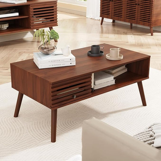 Coffee Table, Mid Century Modern Table with Storage, Living Room Center Table with Slatted Panel Drawer, Fluted Wood Coffee Table with Open Shelf for Living Room, Walnut