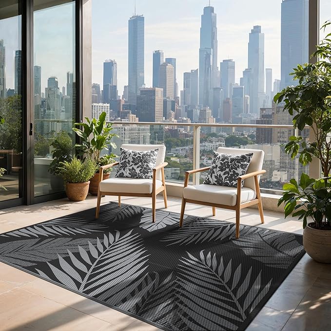 Outdoor Rug 6’x9’ Waterproof for Patio Clearance, Reversible Indoor Outdoor Plastic Straw Camping Rug Carpet, RV Mat, Large Area Rug for Deck, Backyard, Balcony, Porch, Beach, Black & Grey