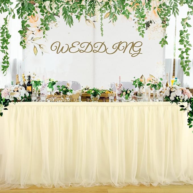 Suppromo Ivory Tulle Table Skirts for Rectangle Tables or Round Tables 9ft Tutu Table Skirt Cloth for Bridal Shower Birthday Party Baby Shower Gender Revea Banquet Decorations