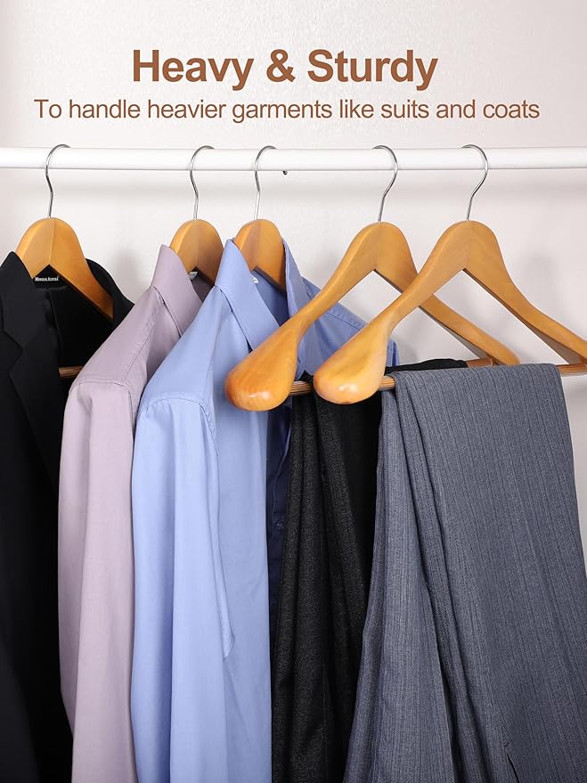 HOUSE DAY Wide Shoulder Wooden Hangers, Suit Hangers with Non Slip Pants Bar, Smooth Finish 360° Swivel Hook High-Grade Solid Wood Coat Hangers for Dress, Jacket, Heavy Clothes Hanger 6 Pack (Natural)