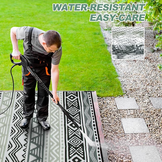 Lahome Outdoor Rug Waterproof, 6x9 Reversible Outdoor Plastic Straw Rug for Camping, RV Patio Rugs Large Carpet for Porch Deck Backyard Balcony Picnic(Grey/Black,6'x 9')