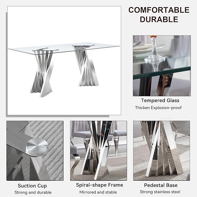 Goujxcy 70" Glass Dining Table Set for 6, Modern Silver Dining Table Set with 6 Blue Velvet Upholstered Dining Chairs, 7 Piece Kitchen Dining Room Table Set with Stainless Steel Legs