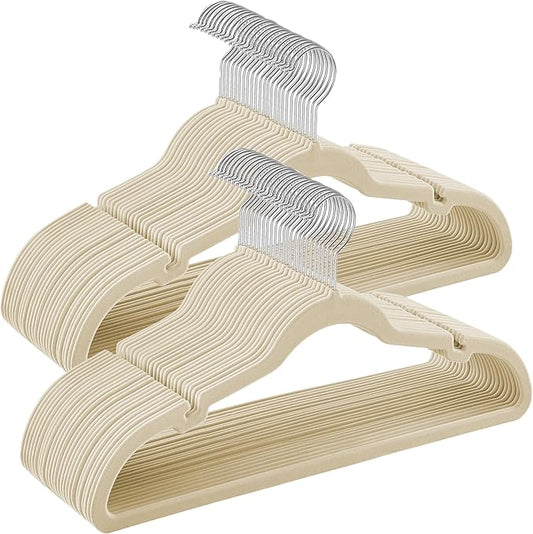 SONGMICS Velvet Hangers 50 Pack, Non-Slip Clothes Hangers, Suit Hangers with Shoulder Notches, Pants Bar, 360° Swivel Hook, Space-Saving, for Closet, Surmmer Sand UCRF029K05