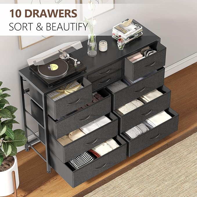 Jojoka Wide 10 Drawer Dresser,TV Stand Entertainment Center Fabric Storage Dressers Drawers for Bedroom, Hallway, Nursery, Closets, Steel Frame, Wood Top, Black_1