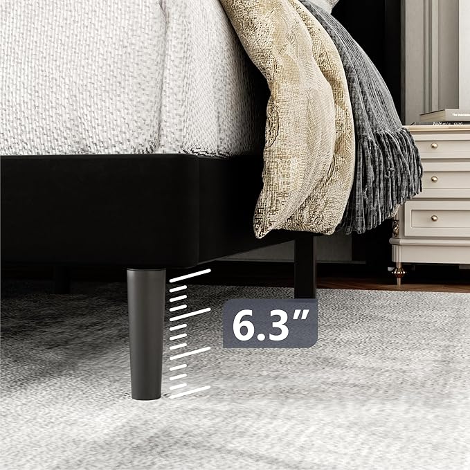 Twin Size Bed Frame with Upholstered Wingback Headboard, Easy Assemnly Platform Bed, Wooden Slat Support No Box Spring Needed, Black