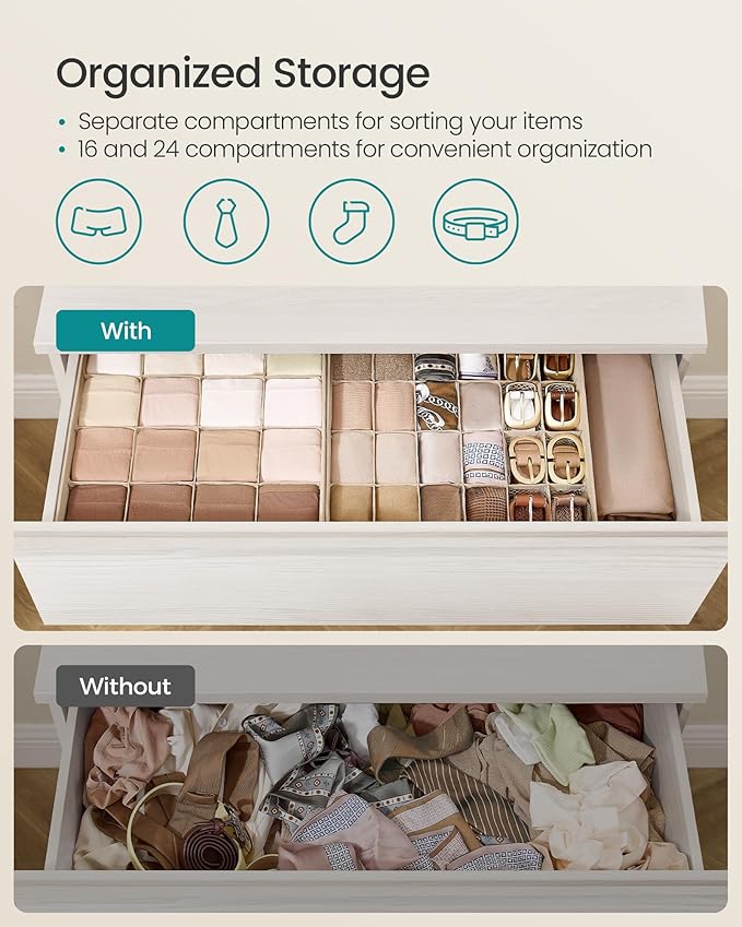 SONGMICS Set of 4 Underwear Organizers, Drawer Organizers, Dresser Closet Storage, 80 Cells (2x16+2x24), Foldable Dividers, 11.8 x 11.8 x 3.9 Inches, for Socks, Ties, Belts, Summer Sand URUS011K01