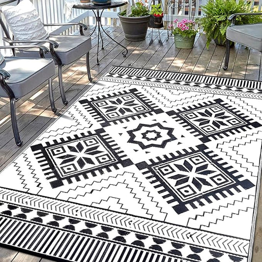 Waterproof Outdoor Rug 6x9ft, Boho Reversible Plastic Straw Mat for Patio RV Deck Porch Backyard Balcony Camping Picnic Beach Indoor Outdoor Carpet, Black&White