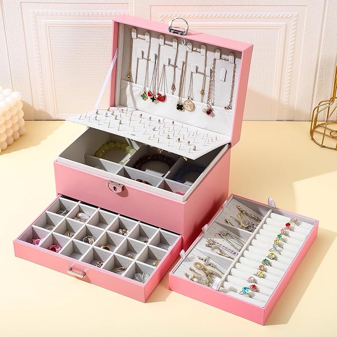 BOOVO Earring Jewelry Box For Women Girl Stud Organizer, 5 Layers Girl Jewelry Organizer Box With Lock Earring Holder Organizer Necklace Ring Jewelry Organizer Box For Girls (Pink)