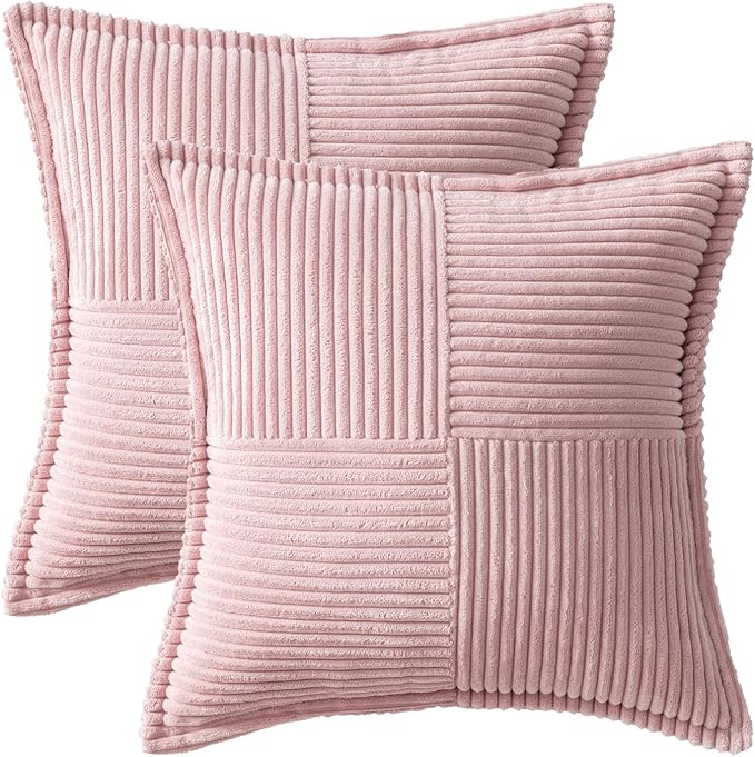 MIULEE Decorative Throw Pillow Covers for Couch Bed Livingroom 18x18 Inch Set of 2 Pink Boho Accent Throw Pllows Broadside Striped Patchwork Soft Corduroy Pillowcases