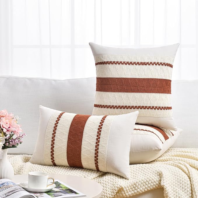 Fancy Homi Set of 2 Rust Boho Lumbar Decorative Throw Pillow Cover 12x20 Inch for Couch Bed Sofa, Aesthetic Modern Organic Fall Room Decor, Soft Cotton Cute Terracotta Farmhouse Cushion Case