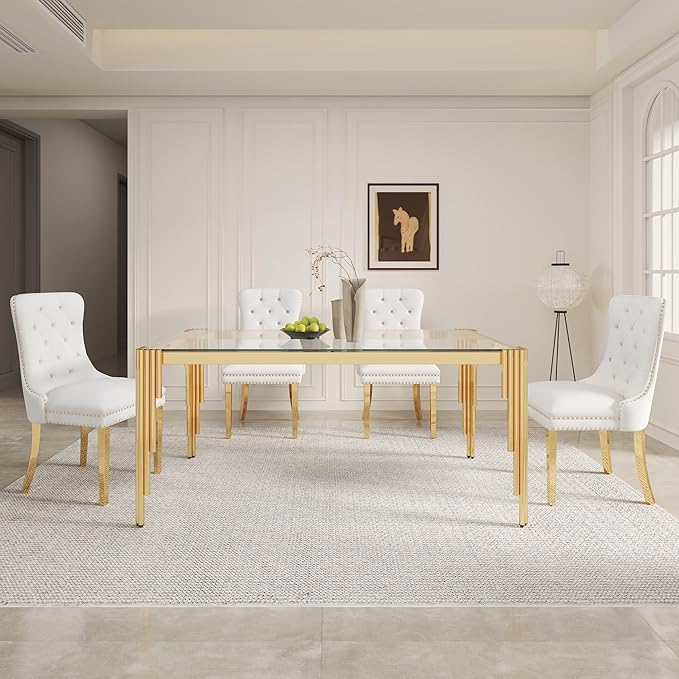 63" Rectangle Glass Dining Table, Modern Tempered Glass Kitchen Table with Stainless Steel Legs for Home Office Kitchen, Living Room, Stylish Tubular-Shaped Legs, Gold+Clear