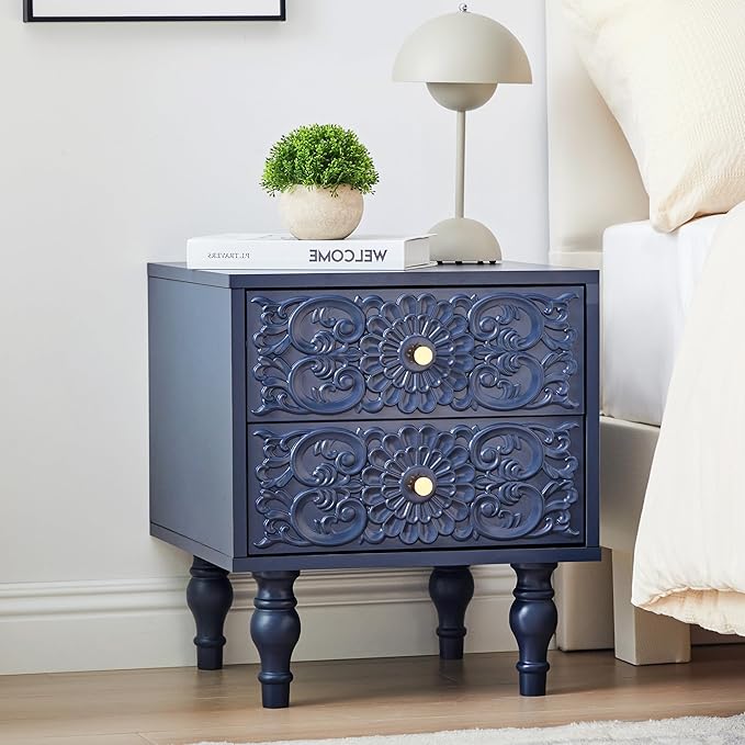 Nightstand, Farmhouse Bedside Table with 2 Drawers and Metal Handles, Wood Sofa Side Table End Table Accent Dresser for Bedroom, Living Room (Blue-2 Packs)