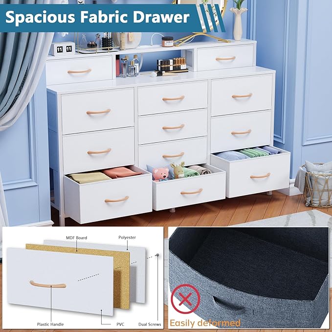 Furnulem White Dresser for Bedroom with LED Lights & Charging Station,55" Long Dressers & Chest of Drawers with 12 Storage Bins, Fabric Furniture for Closet,Hallway,2-Tier Shelf Wood Top,Metal Frame