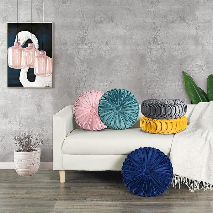 HIG Set of 2 Decorative Round Pleated Throw Pillows, Classy Accent Pumpkin Throw Pillows with Center Button, Vintage Velvet Floor Pillow for Sofa Couch Vanity Chair Bed, Yellow, 14.5" Diameter(RIPPLE)