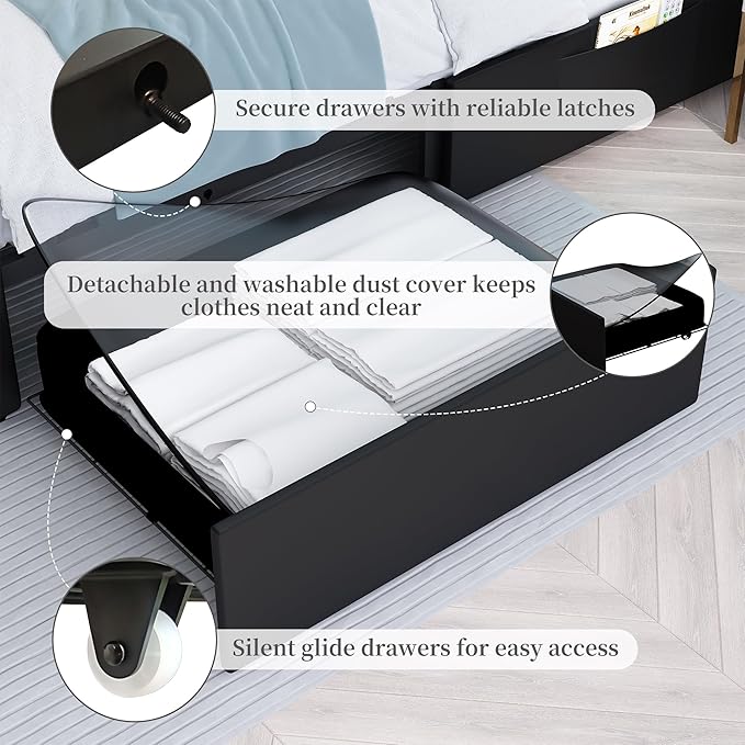 King Led Bed Frame with 2 Drawers, Heavy Duty King Size Platform Bed with Storage, Upholstered Bed Frames with Adjustable Headboard, Solid Support, No Box Spring Needed, Easy Assembly, PU Black