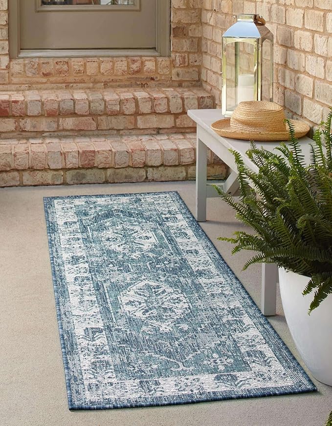 Unique Loom Outdoor Traditional Collection Area Rug - Valeria (2' 7" x 12' Runner, Blue/ Ivory)