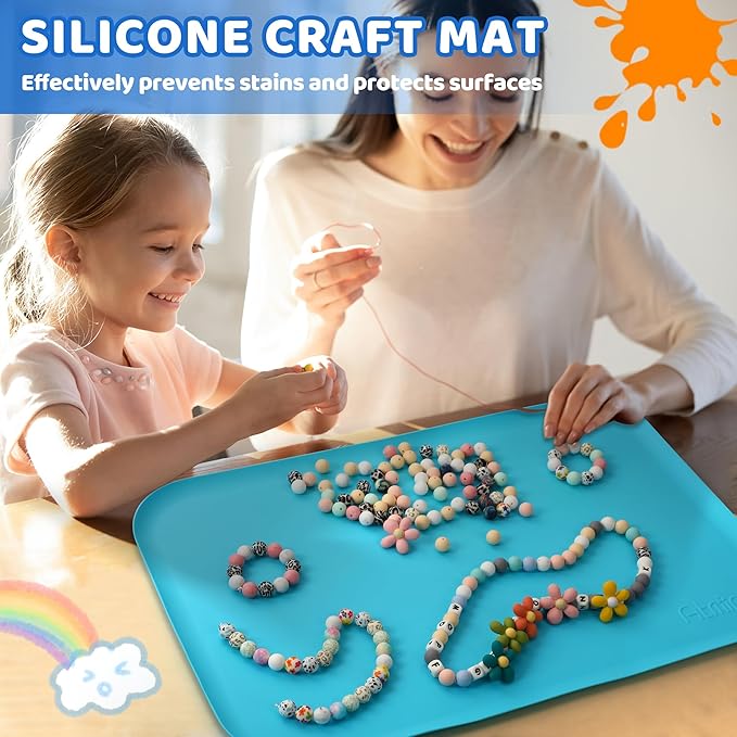 Silicone Craft Mats for Kids 24"x16"– with Raised Lip & Non-Slip | Reusable Silicone Art Mat for Play Sand, Painting, DIY Crafts | Durable Design (Blue)