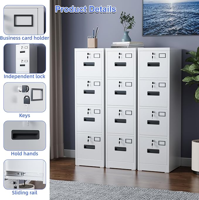4 Drawer File Cabinet, Metal Vertical File Storage Cabinet with Lock, Office Home Steel Vertical File Cabinet for A4 Letter/Legal Size, 14.96" W x 17.72" D x 55.2" H, Assembly Required