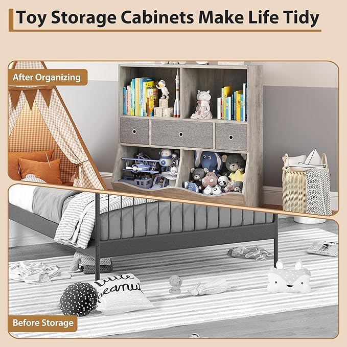 3-Tier Kids Bookshelf & Toy Storage Organizer - Wooden Bookcase with 3 Drawers, 4 Cubby Shelves, Anti-Tip Safety Design - Nursery, Playroom, Children's Room -2 Set Grey