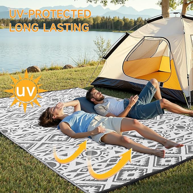 Outdoor Rug Waterproof 6x9 ft, Reversible Outdoor Plastic Straw Rug Patio Rug, RV Rugs for Outside, Outdoor Carpet for Patio Camping Deck Balcony Backyard, Black & Gray
