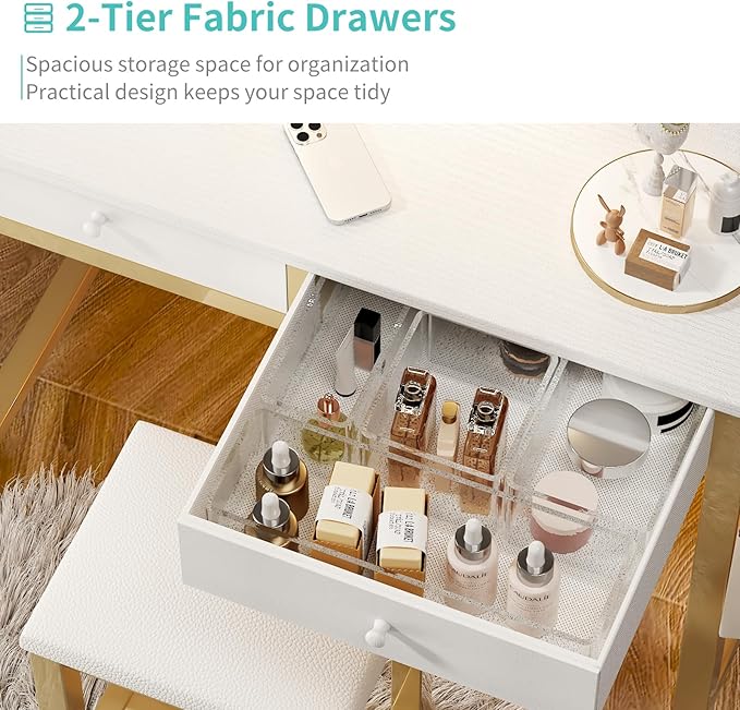 Lufeiya Small Makeup Vanity Desk with Mirror and Light, 32 inch White Vanity Desks Sets with Fabric Drawers for Girls Teen, Dressing Table and Chair Set with Power Outlet for Bedroom, White Gold