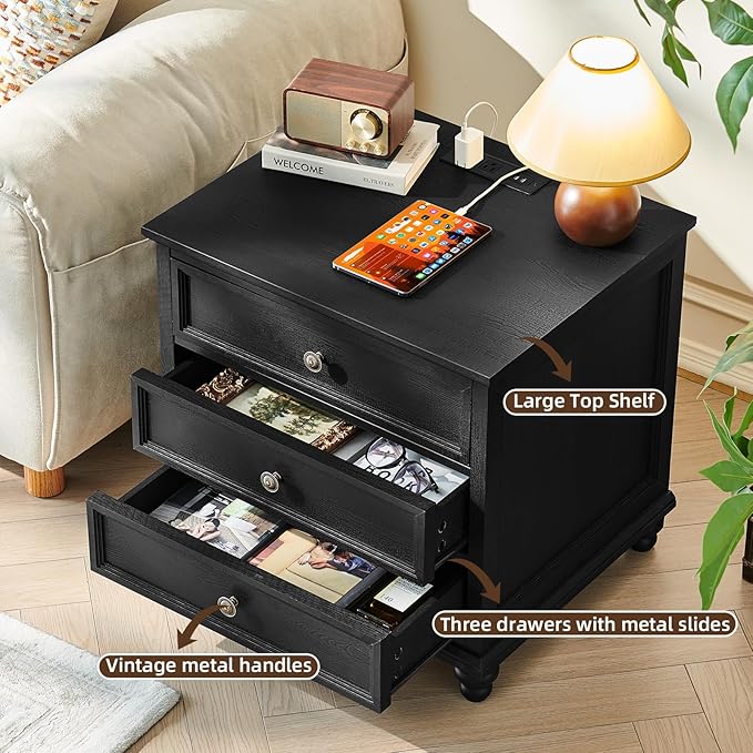 Farmhouse Nightstand with Charging Station, 24" Wide End Table with 3 Drawers,Black Wood Dresser for Bedroom, Bed Side Table Chest of Drawers Cabinet,Night Stand for Living Room, Closet