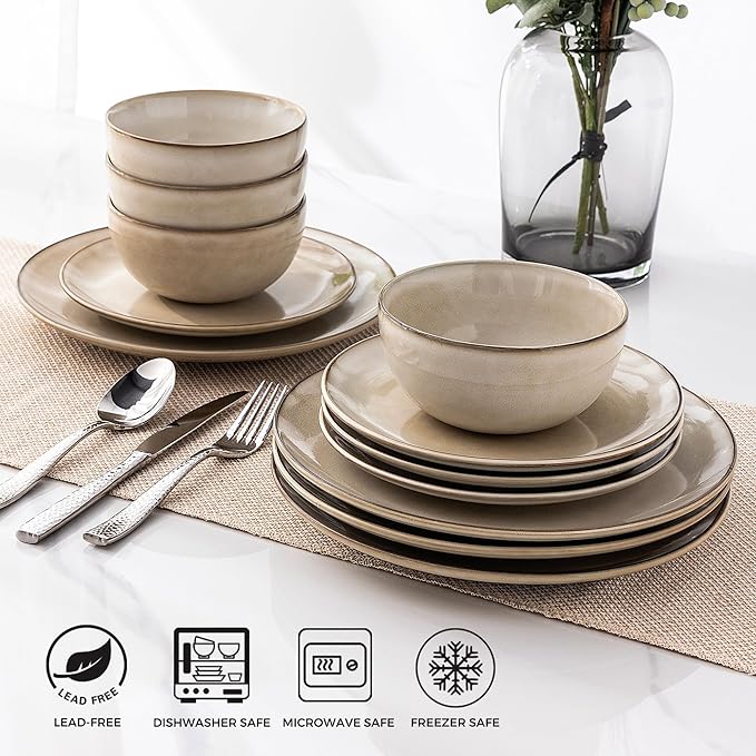 AmorArc Ceramic Dinnerware Sets for 4, 12 Pieces Handpainted Stoneware Plates and Bowls Set, Scratch Resistant Dishes Set, Dishwasher & Microwave Safe, Cappuccino