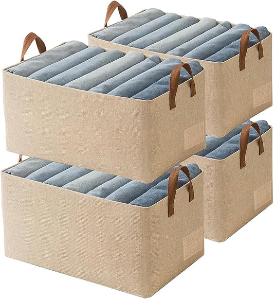 AARAINBOW 4 Pcs Closet Clothes Organizer with Handle, Closet Shelf Fabric Storage Box Steel Frame, Stackable Shelf Storage Baskets Foldable Wardrobe Organizer Baskets for Clothes Toys, 23L (4 Beige)