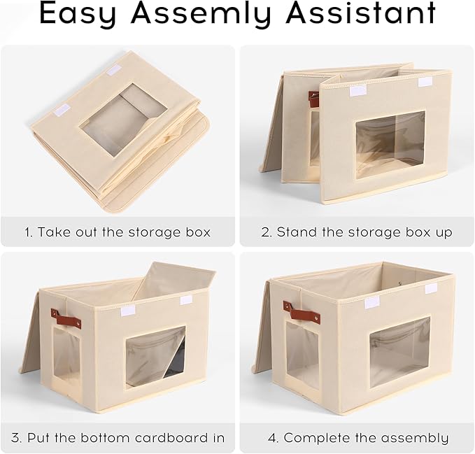Storage Bins for Clothes, 40L Large Collapsible Stackable Closet Organizer Containers, Storage Boxes with Lids,Storage Cube Basket, Clear Windows & PU Leather Handles, Pack of 3, 17x12x12 Inch