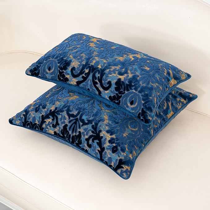 Alerfa Boho Blue Floral Throw Pillow Cover 18x18 Inch Cut Velvet Sqaure Luxury Embroidered Decorative Pillow Cover for Couch Living Room Bedroom