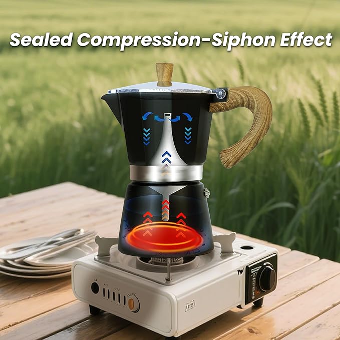 Moka Pot Espresso Coffee Maker and Manual Coffee Bean Grinder, 300ml-6 Cups Espresso Maker, Easy To Use And Clean, Camping Home Use,Suitable For Mocca Puccino Coffee (Black)