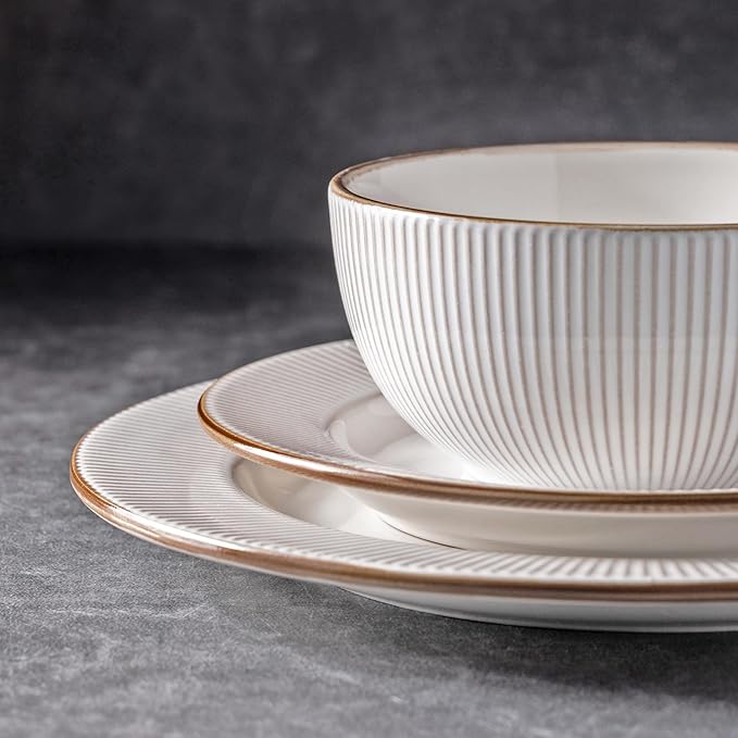 GBHOME Ceramic Dinnerware Sets, 24 pcs Embossed Elegant Stoneware Plates and Bowls Sets, Housewarming Wedding Gift | Dishwasher & Microwave Safe | Dishes Set Service for 8