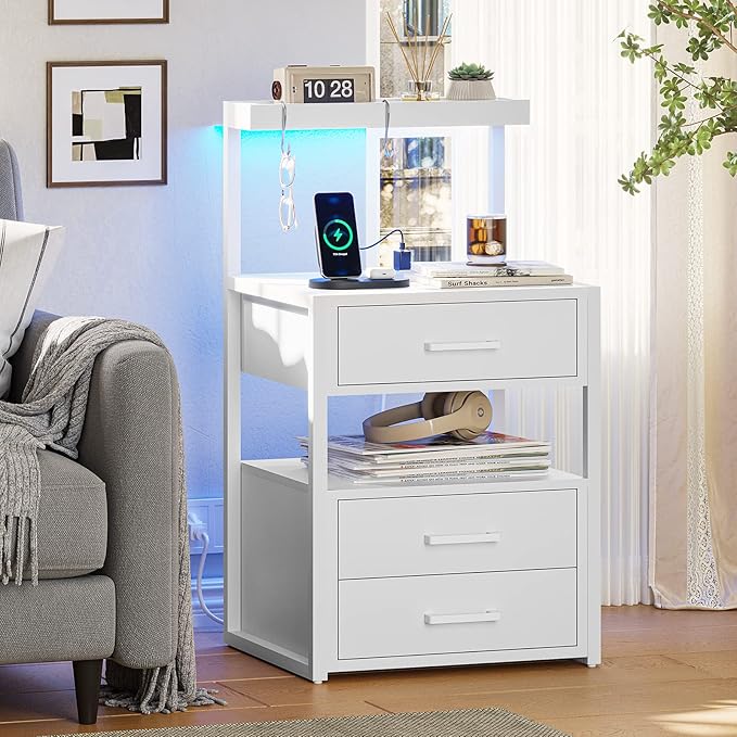 Nightstand with Charging Station and LED Lights, LED Night Stand with 2 USB Ports and 2 AC Outlets, Modern End Table with 3 Drawers, Bedside Table with Open Storage for Bedroom, White