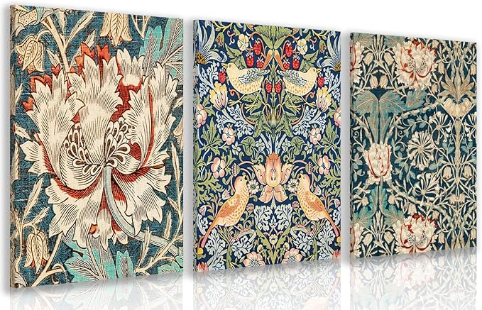 FASWQ Framed William Morris Wall Art, Nouveau Vintage Botanical Wall Decor, Retro Intricate Floral Animal Canvas Painting, Retro Natural Flower Bird Poster Prints for Living Room Bedroom 12"x16"x3
