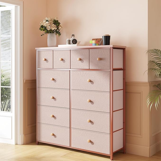 Dresser for Bedroom with 12 Drawers Tall Dressers for Bedroom Fabric Dressers & Chest of Drawers with Sturdy Metal Frame, Wood Top, for Woman, Closet, 40.6" W x 11.8" D x 44.5" H (Pink)