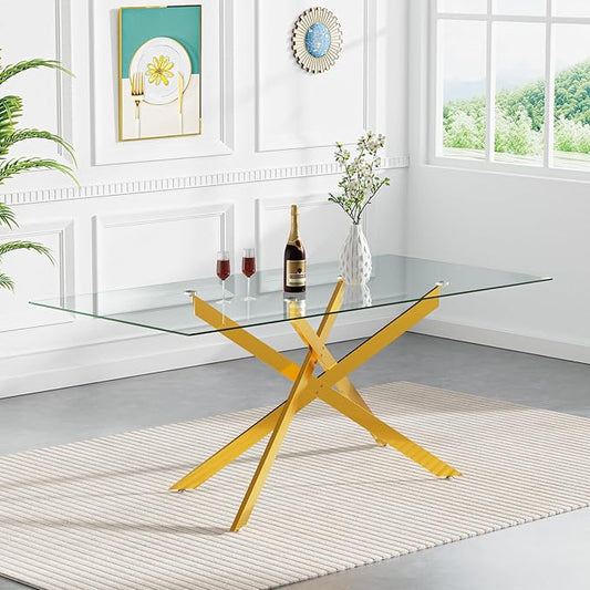 60.6'' Tempered Glass Dining Table for 4-6 People, Rectangle Kitchen Table with Gold X-Base Metal Legs, Adjustable Feet, Glass Top Desk for Home Office Gold Dining Room Table for 6