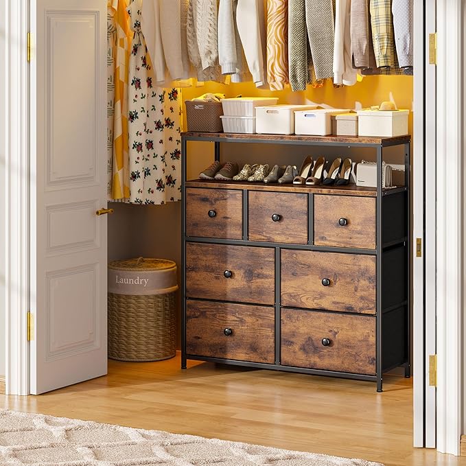 EnHomee Tv Stand for Bedroom with 7 Fabric Dressers and 2 Shelves，Dressers & Chests of Drawers for Closet，Hallway，Entryway，Dormitory，Clothes Storage，Rustic Brown