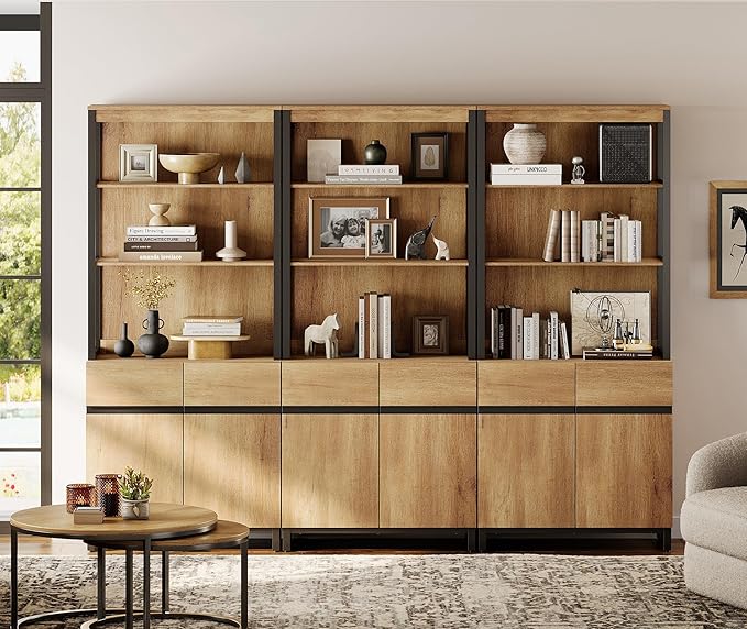 WAMPAT 3 PCS Modern 72" Tall Bookcases with Metal Base and Adjustable Shelves, Library Book Shelf with Storage Cabinet and Open Book Shelfs, Wood Bookshelves for Home Office, Living Room, Oak