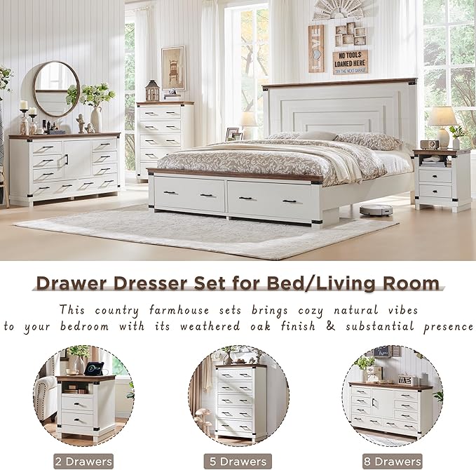 Farmhouse 7 Drawer Dresser for Bedroom - Wood Large Dressers & Chests of Drawers for Closet, 54 Inch Long Dresser with Storage for Bedroom, Living Room, Antique White